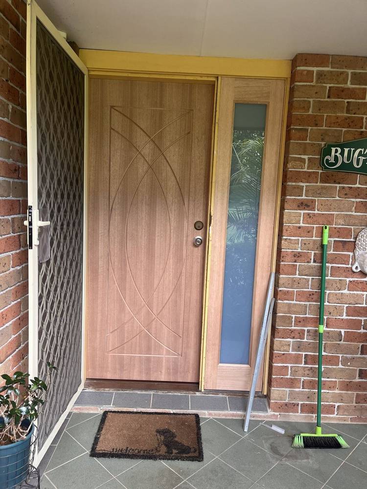 New timber front door with a frosted glass side panel